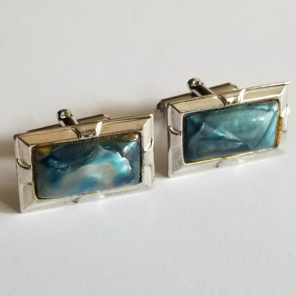 Vintage cuff links blue cabochons silver tone marbled rectangular